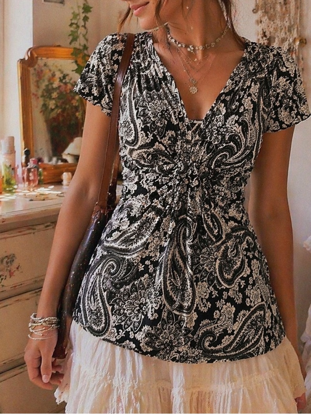 Vintage Y2K Dress Barn Petite XL Boho Paisley Top Black White Cottagecore Flowy